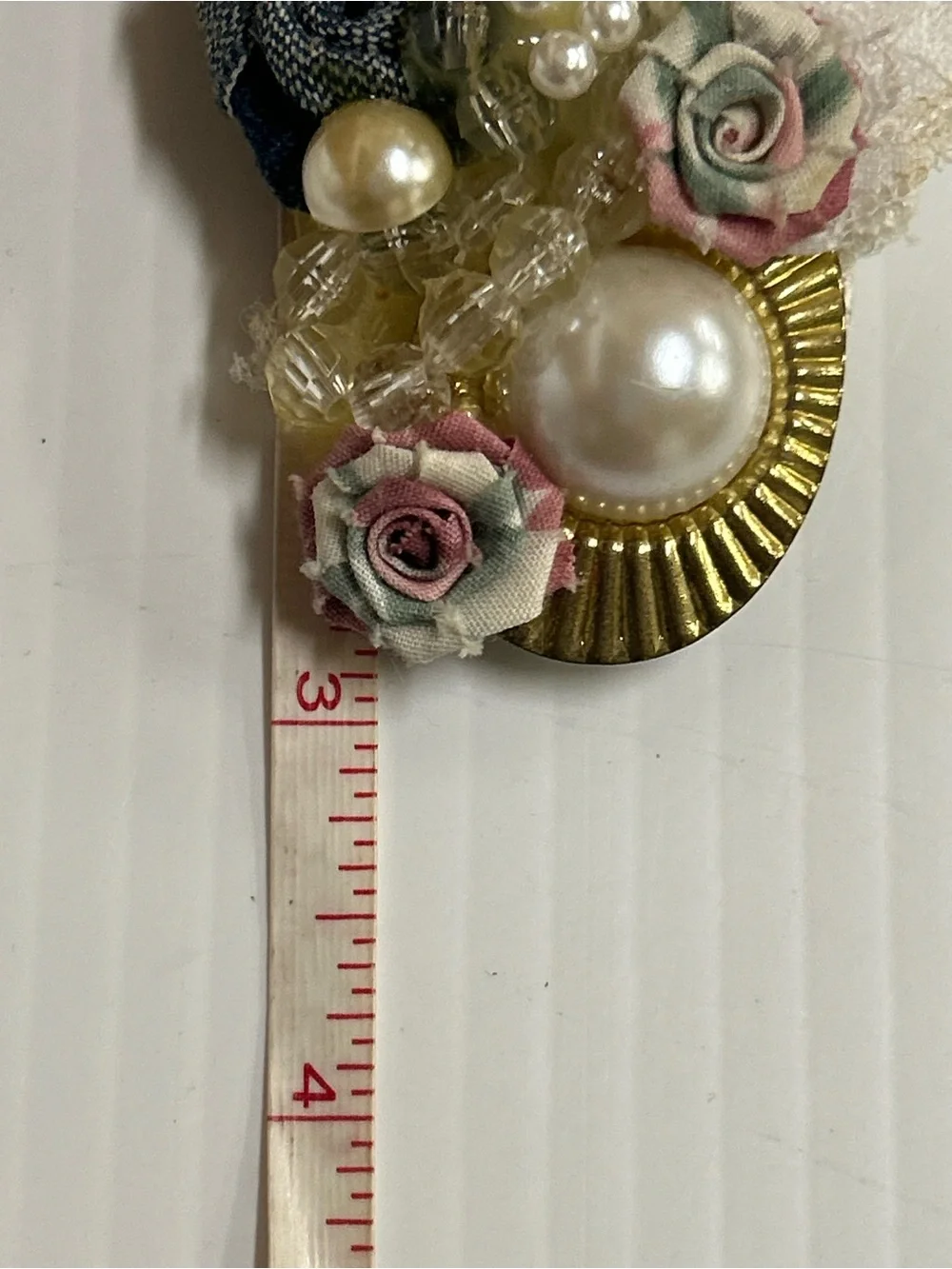 Vintage Handmade Fabric Denim Flower Pearl Brooch Pin 80s 90s